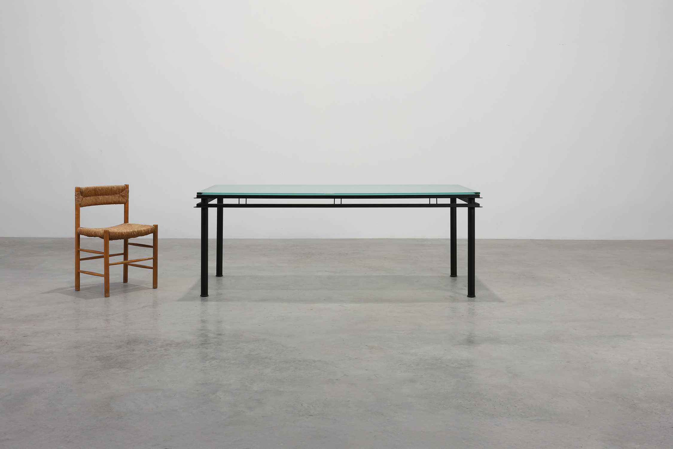 Modernist Dining Table with Black Metal Base and Glass Top, Belgium 1980sthumbnail
